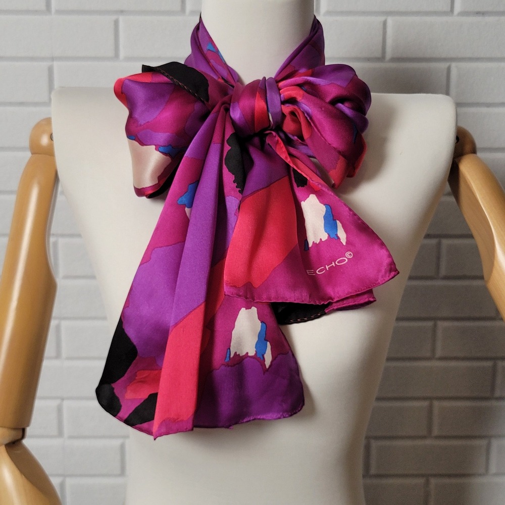 Vintage 1990s Echo Silk Scarf Purple Abstract Modernist Oblong Puffy Edge - Picture 8 of 8